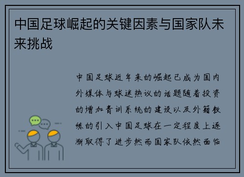 中国足球崛起的关键因素与国家队未来挑战