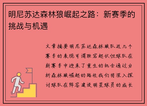 明尼苏达森林狼崛起之路：新赛季的挑战与机遇
