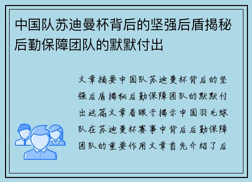 中国队苏迪曼杯背后的坚强后盾揭秘后勤保障团队的默默付出