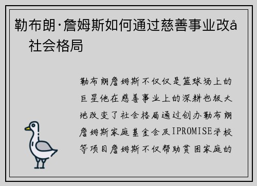 勒布朗·詹姆斯如何通过慈善事业改变社会格局